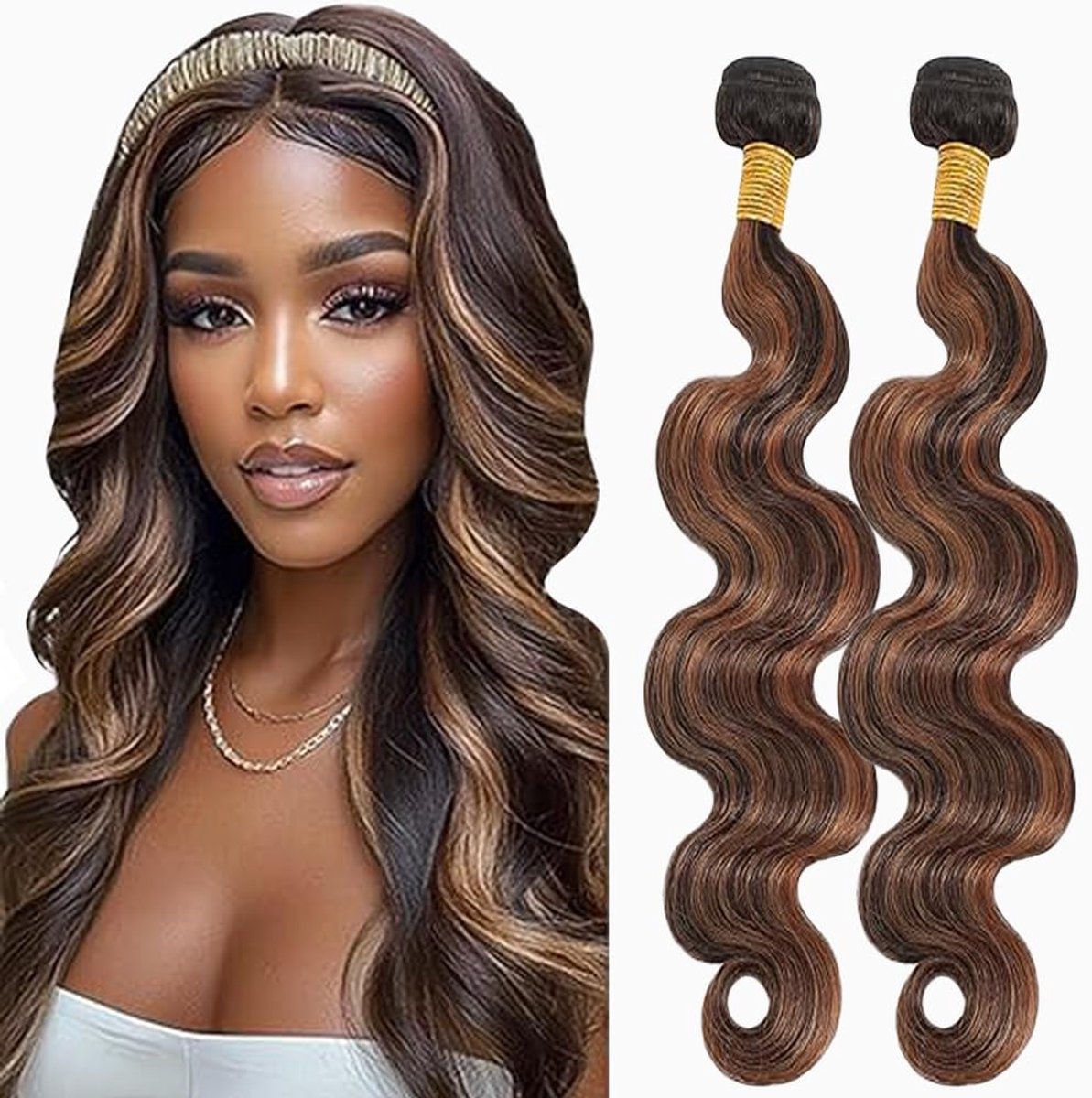 Wave Human Hair Bundles Sew in Hair P430 Highlight Brown Real Hair Extensions 2 Bundles Unprocessed Minimal Smell for Woman 24 24 Inch