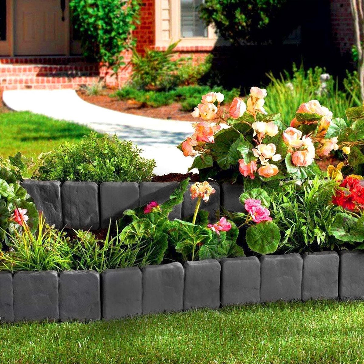 Steen, gazonrand, kunststof, PP-perkbegrenzing, bietomrandingen voor tuin, weide, LxH 25x23 cm, 10-delig/2,5 m, antraciet