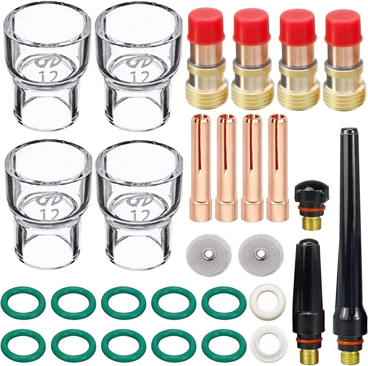 29Pcs TIG Stubby Gas Lens 17GL332 3/32" & #12 Glass Cup & TIG Gas Lens Collet Kit for WP-17/18/26