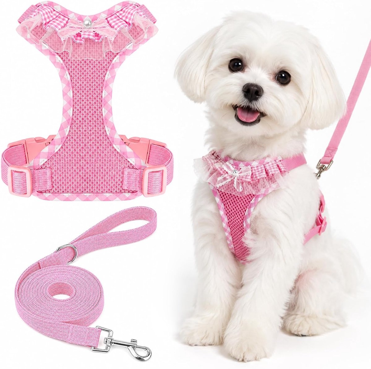Tuigje voor kleine honden en riem, hondenharnas, geruite stof, roze, S