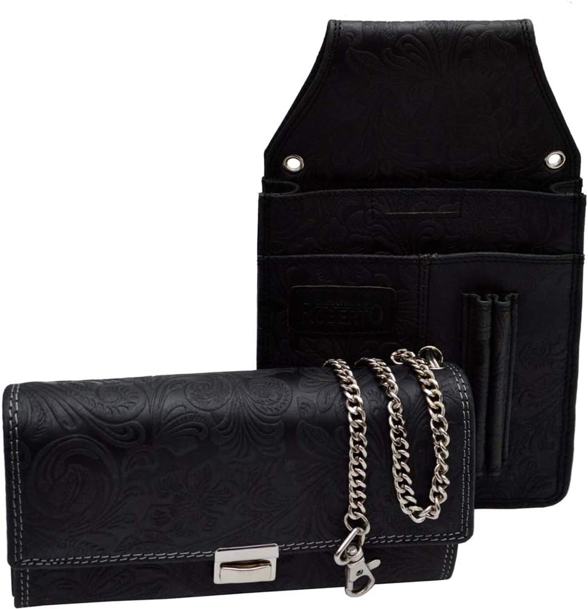 Portemonnee set bruin leer met holster tas bloemenpatroon hoogwaardig, zwart, 15,0 x 25,0 x 2,5 cm B/H/T (Colt), kelnerset