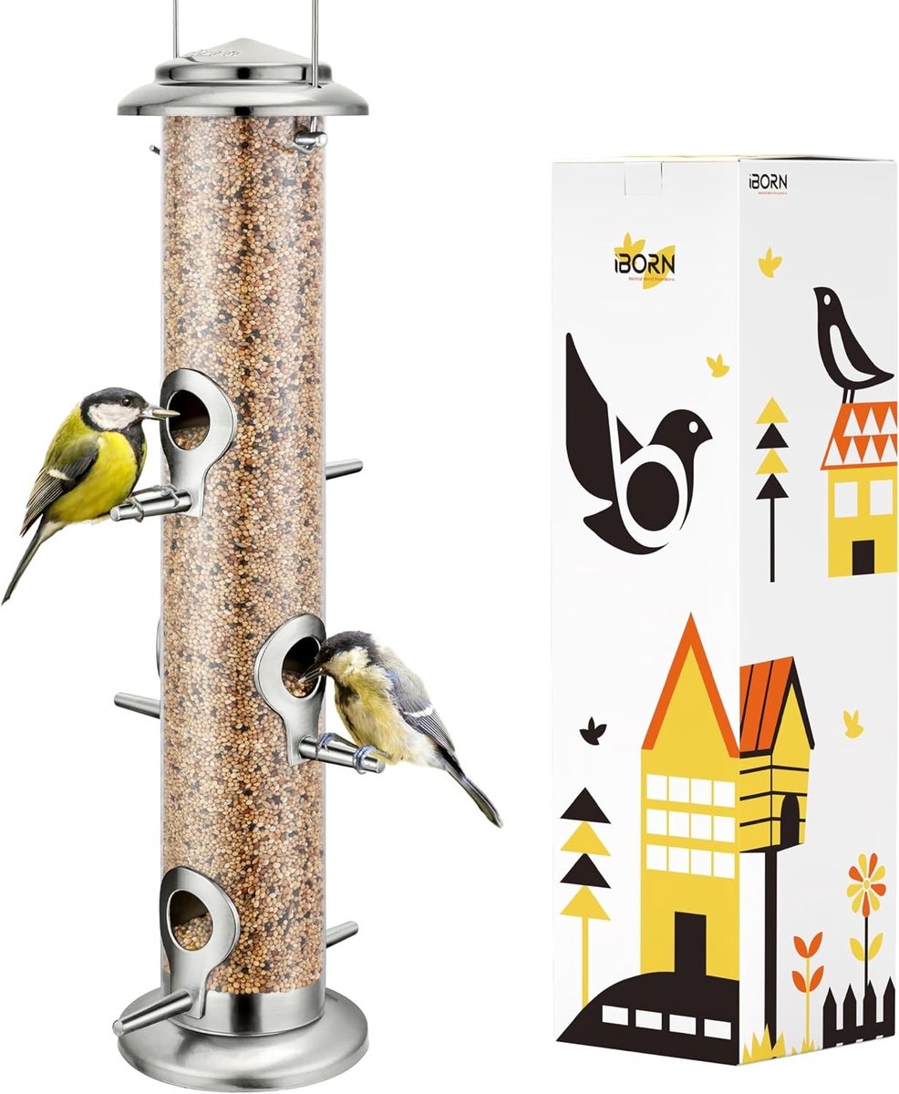Metalen Vogelvoederhuis met 6 Openingen voor Zonnebloemzaad en Nigerzaad, Inclusief Vogelbad, 14 Inch Hoog