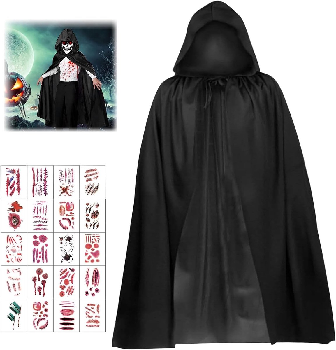 Halloween Kostuum Set met Zwarte Cape en Kap voor Dunne Mannen, inclusief 20 Halloween Tatoeages voor Vampier Cosplay, Geschikt voor Kinderen van 4-12 Jaar