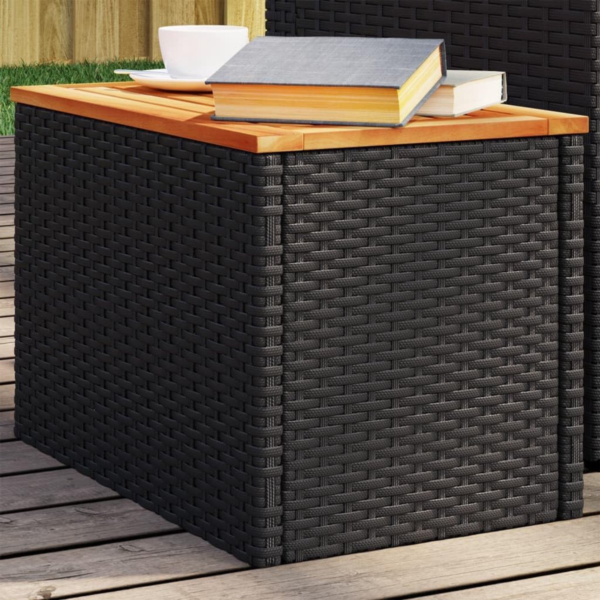 Tuintafels, 2 stuks, zwart, 55 x 34 x 37 cm, polyrotan, massief hout, tuintafel, rechthoekige eettafel, keukentafel, tuintafel, P365980