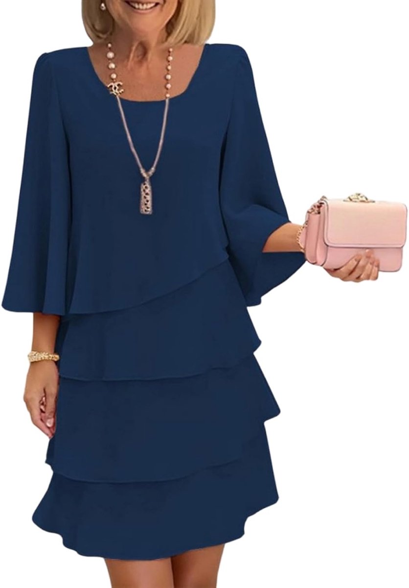 Kleid Hochzeitsgast Damen Chiffon Festliche Kleider Für Damen Sommer 3/4 Ärmel Abendkleider Elegant Für Hochzeit Cocktailkleid A Linie Rüschen Chiffonkleid Frauen Locker Etuikleid