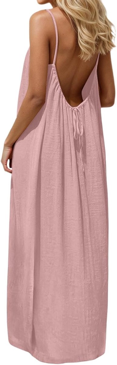 Rückenfreies Cami Kleid Damen Lang Ärmellos Sommerkleid Sommer Lässig Rückenfrei Kleid Maxikleid für Strand Locker Atmungsaktive Strandkleid mit Spaghettiträger Fließendes Freizeitkleid 2026