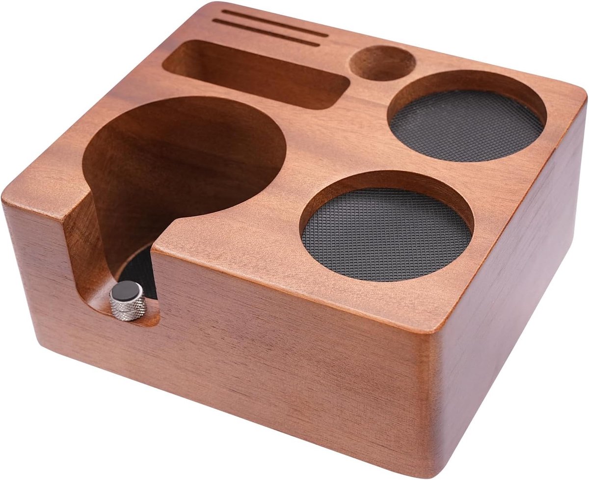 Tamperstation, acaciahout, tamping station, 58 mm, multifunctioneel espresso tamper station met 3 siliconen pads, verstelbare moer, voor thuis, woningen, kantoren, cafés