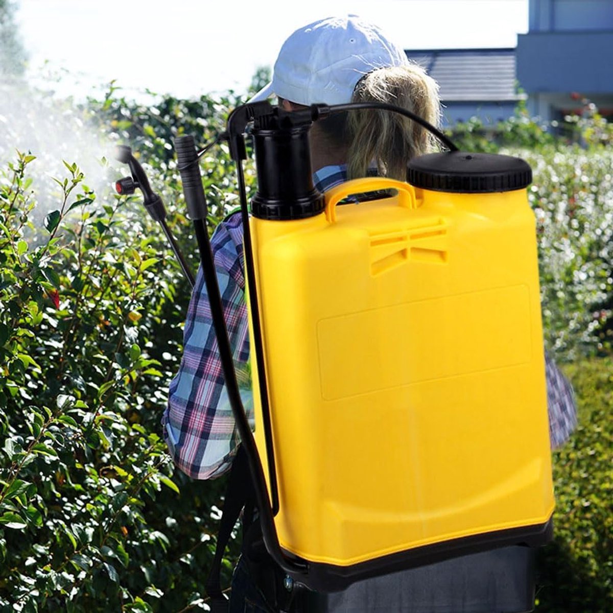 Sproeipomp, 16 l, schouderpomp en lans van messing en roestvrij staal, draagbare druksproeier 16 l, 1-3 bar, 2 sproeiers, rugzakaccessoires, sproeiapparaat planten (B-geel)