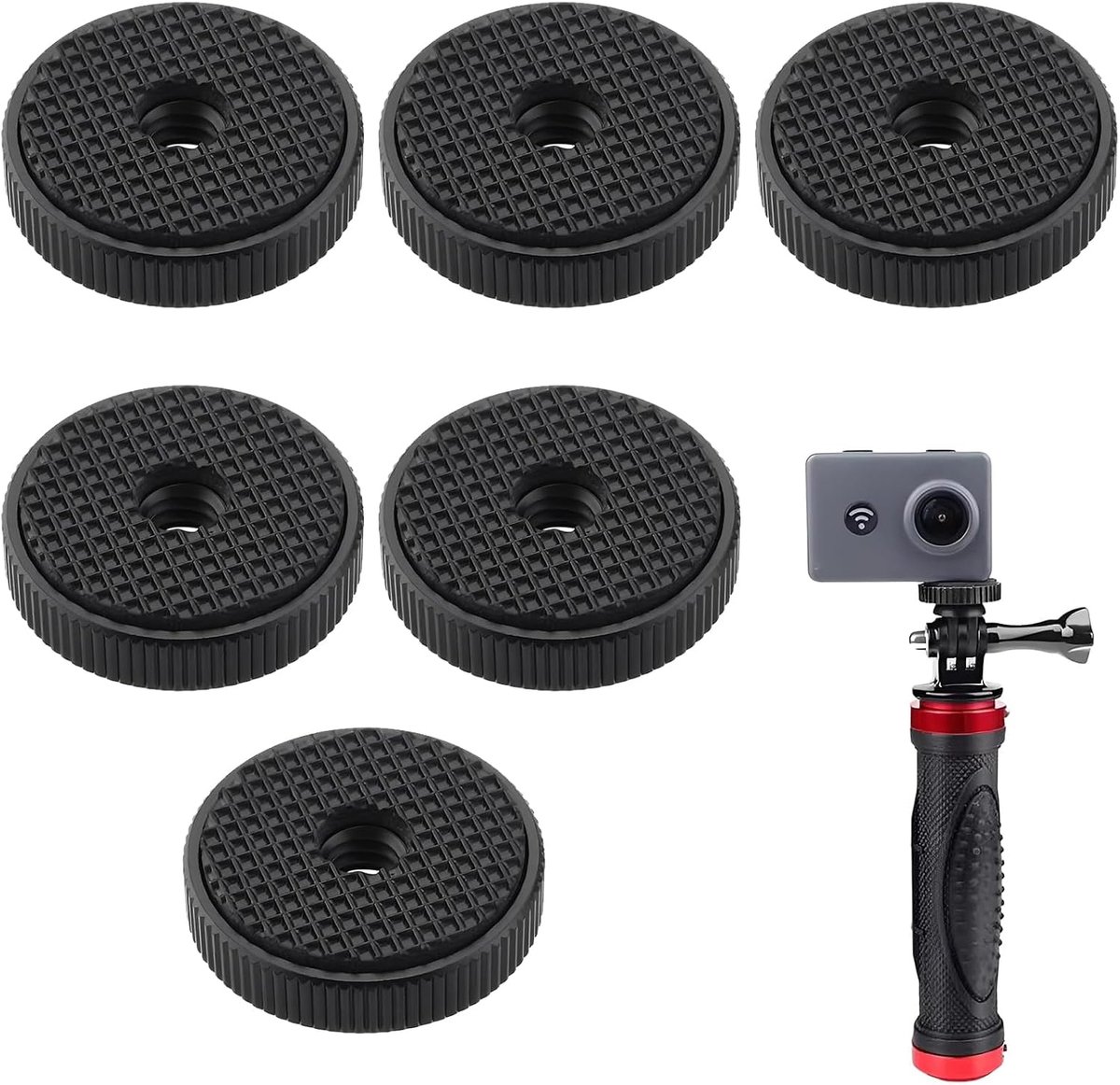 1/4 Inch Camera Contramoer Set van 6, Ronde Aluminiumlegering Moeren met Rubber Pad, 26 x 6,5 mm Binnendraad Adapter voor Veilige Bevestiging op Statief en Houder