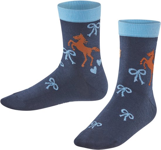 Donkerblauwe kindersokken met een lichtblauwe boord, voorzien van een bruin paardenmotief, strikjes en hartjes.