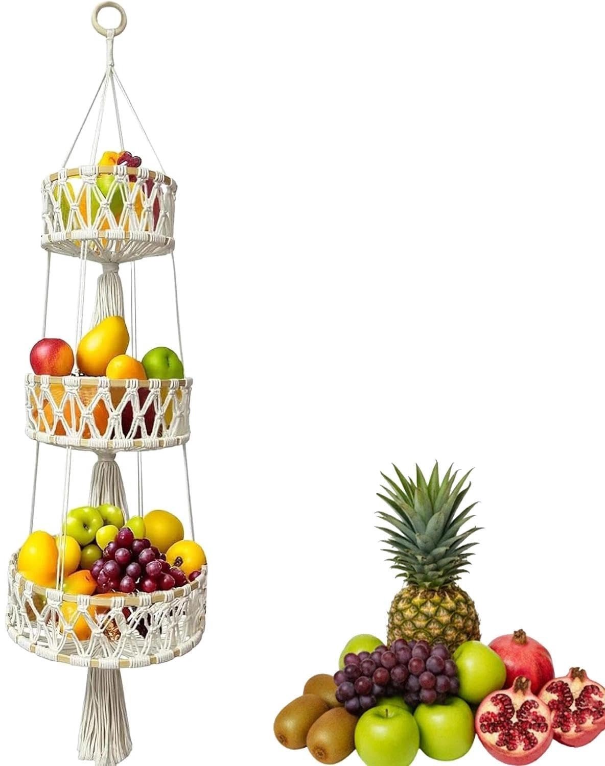 Famanu – Bohemian Hangende Fruitmand van Katoen en Bamboe, 3-laags, 110cm, Beige