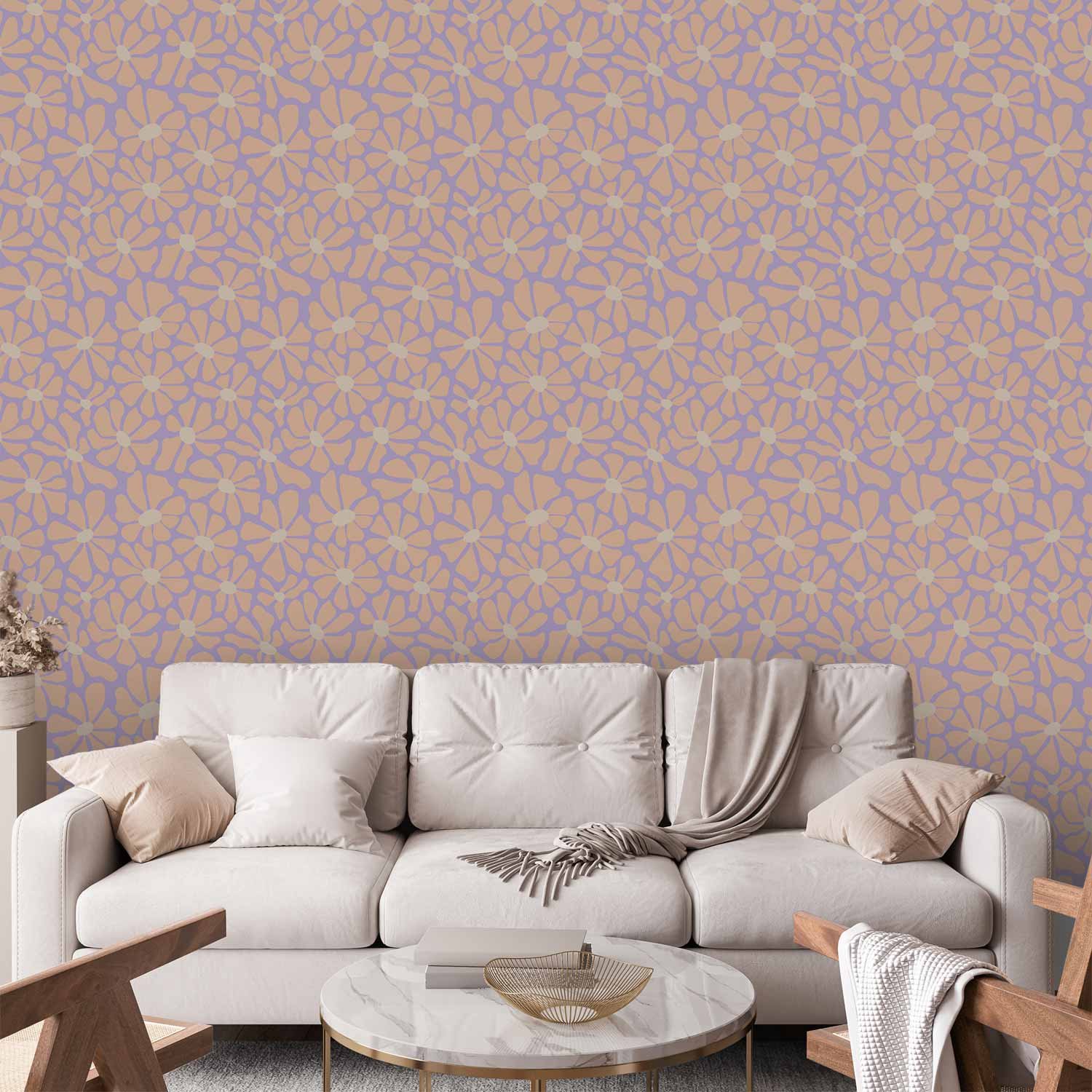 Behang - Cute Light-Beige Little Flowers - Small flowers with beige - undulating petals on a blue background.