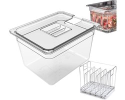 Sous Vide Houder met Deksel en Rist, 11 L, GN 1/2, 32.5 x 26.5 x 20 cm, Transparant, BPA-vrij, Ideaal voor Vlees, Vis en Vacuümverpakkingen