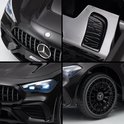 Collage van Mercedes-Benz kinderauto: grille, koplampen en zwarte wielen.