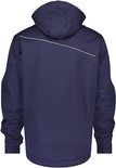 Donkerblauwe DASSY softshelljas met capuchon, ritssluiting en reflecterende biezen op de rug.
