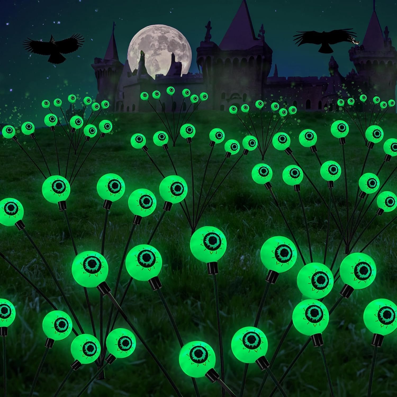 YAGXIG Solar Tuinverlichting – Set van twee – Halloweenlantaarns – Ontwerp met zes ogen – Halloweenversiering – Solar buitenverlichting – Sfeerverlichting – Geschikt voor tuinen, paden en Halloweenversiering – Groen licht