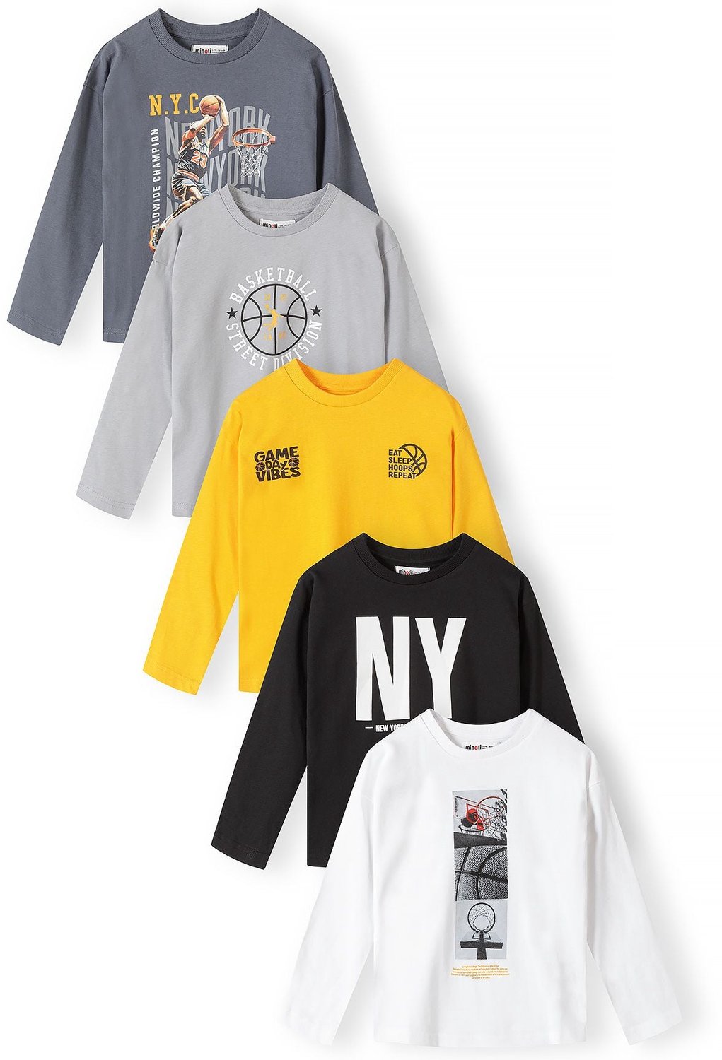 Minoti longsleeve kinderen – basketbalprints – 5-pack – meerkleurig