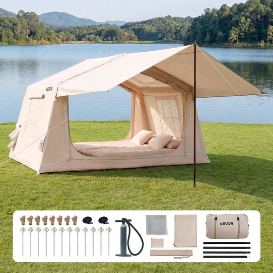 VEVOR Opblaasbare Tent, Luchttent voor 3-5 Personen met Pomp & Zonnescherm, Beige, voor Buitenactiviteiten, Waterafstotend 420D Oxford-Doek met Dakraam, Schoorsteenopening & Gaasraam, Windbestendig — afbeelding 2