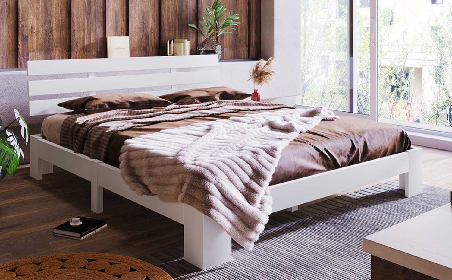 CHICFURN Tweepersoonsbed 140 x 200 cm - Lattenbodem - Hoofdbord - Hout - Wit
