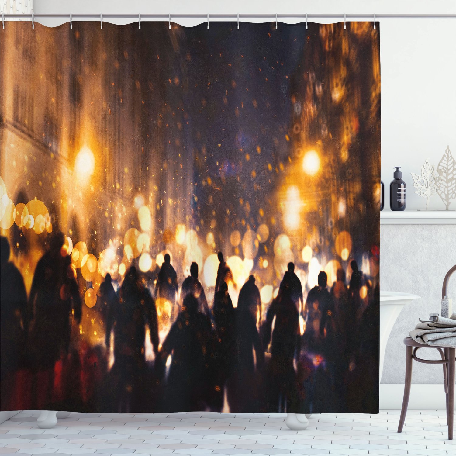 ABAKUHAUS Zombie Douchegordijn, Brandende Stad Chaos, Stoffen Badkamerdecoratieset met Haken, 175 x 220 cm, Amber Mauve Seal Brown