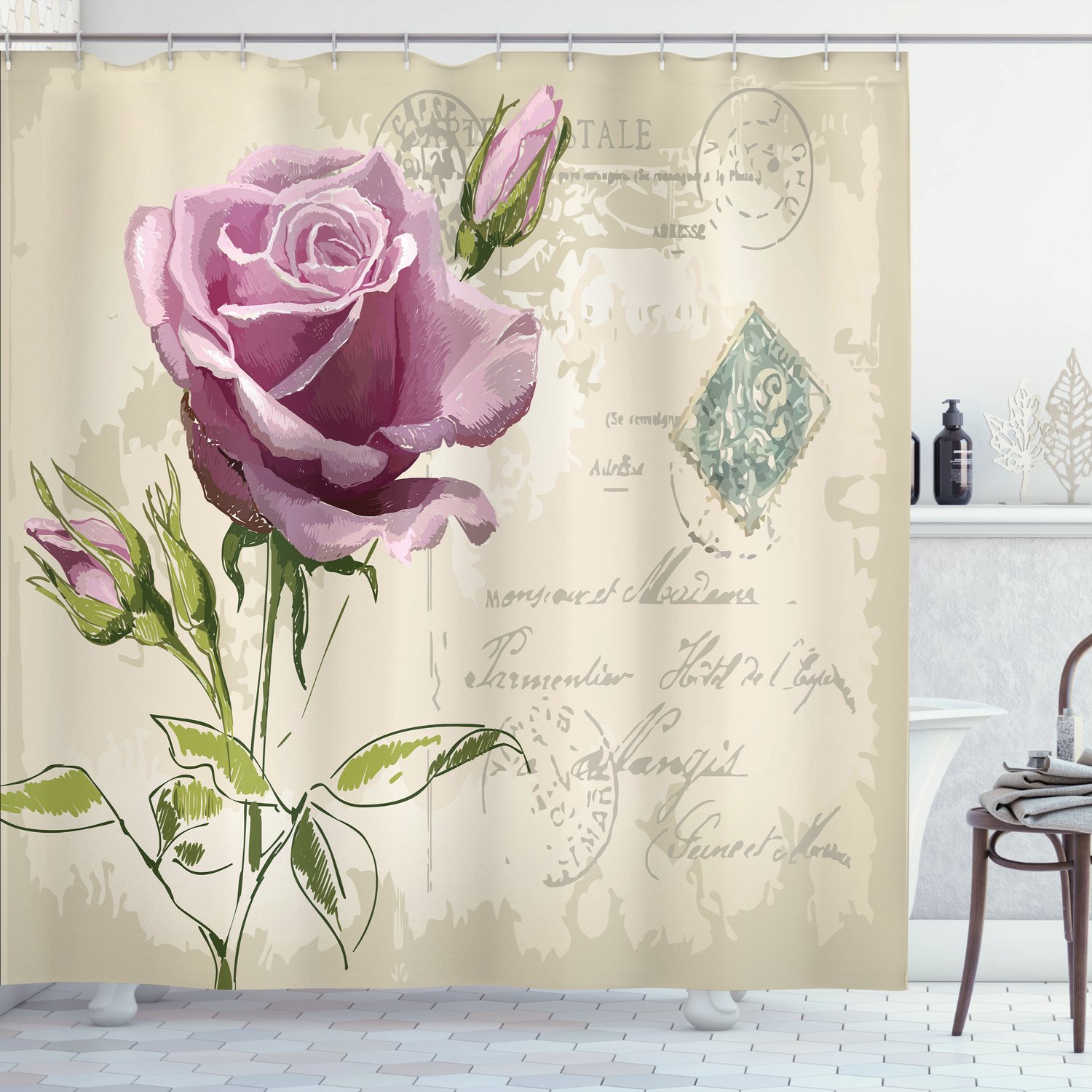 ABAKUHAUS Roos Douchegordijn, Vintage Delicate, Stoffen Badkamerdecoratieset met Haken, 175 x 240 cm, Lichtbruin Pale Pink Groen
