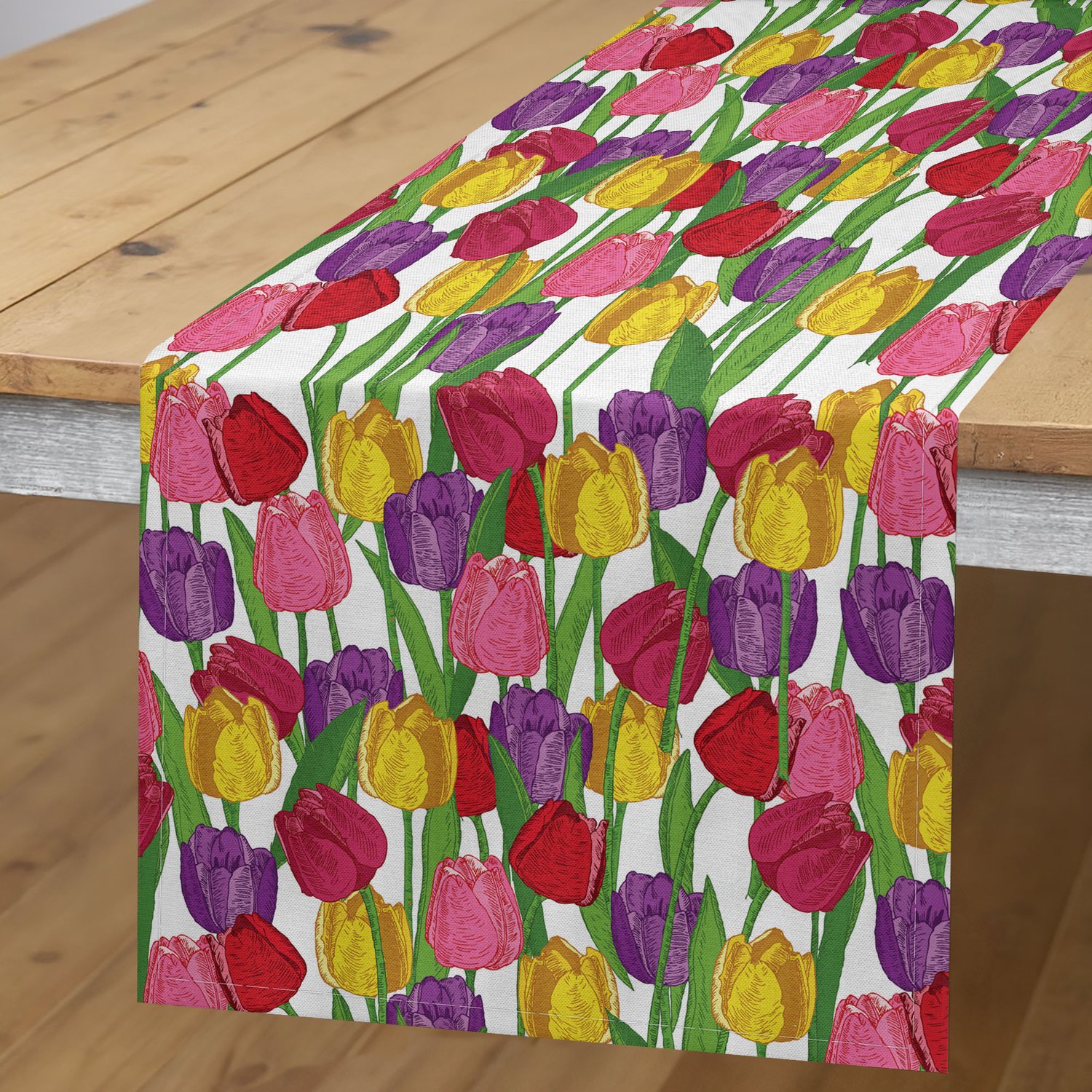 ABAKUHAUS Tulpen Tafelloper, Groep Gemengde Complexe Herhalende Tulpen in Diverse Kleuren Seizoensgebonden Natuur Tuinafbeelding, Rechthoekige Tafelloper voor Eetkamer en Keuken, 40 x 180 cm, Paars Mosterdgeel