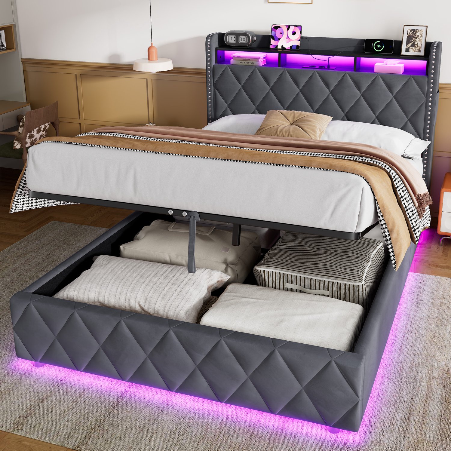CHICFURN Gestoffeerd Bed 140x200 cm - Slaapkamer - LED-verlichting en opladen - Hydraulisch opbergbed - Fluweel - Donkergrijs