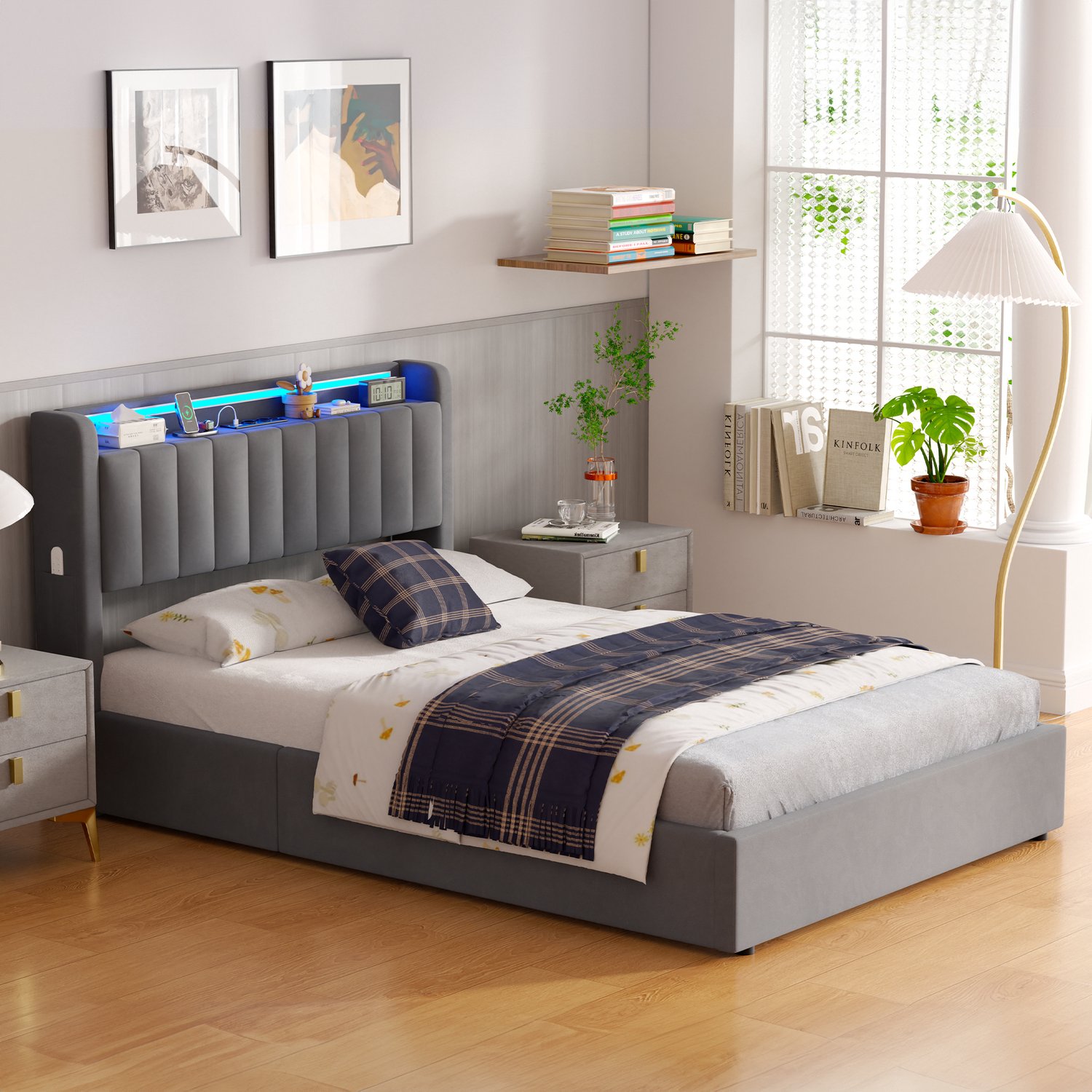 CHICFURN Gestoffeerd Bed 140x200 cm - Slaapkamer - USB-aansluiting en LED-verlichting - Opbergvak met gasveer - Fluweel, metaal en hout - Grijs