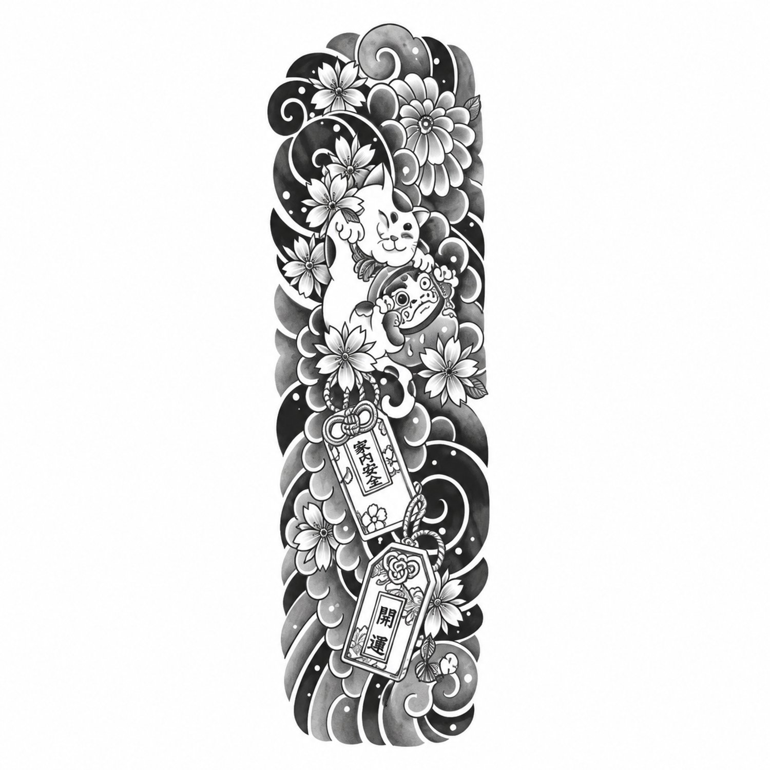 INKC - Tijdelijke Tattoo - Gelukskat en Bloemen Sleeve - Nep Tattoo - Plak Tattoos - Blijft tot 2 weken - 16 x 47cm
