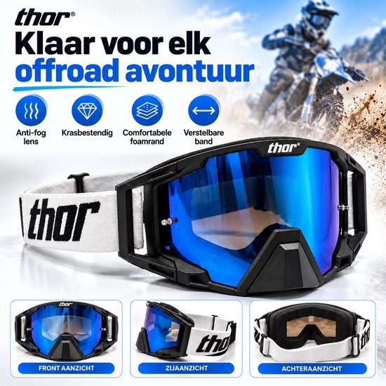 Zwarte motorcrossbril met spiegelende blauwe lens en "thor"-band. Klaar voor elk offroad-avontuur met anti-fog en krasbestendige lens.