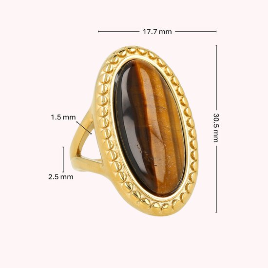 Goudkleurige ring met ovaal tijgeroog, versierd met een geribbelde rand en technische afmetingen in mm.
