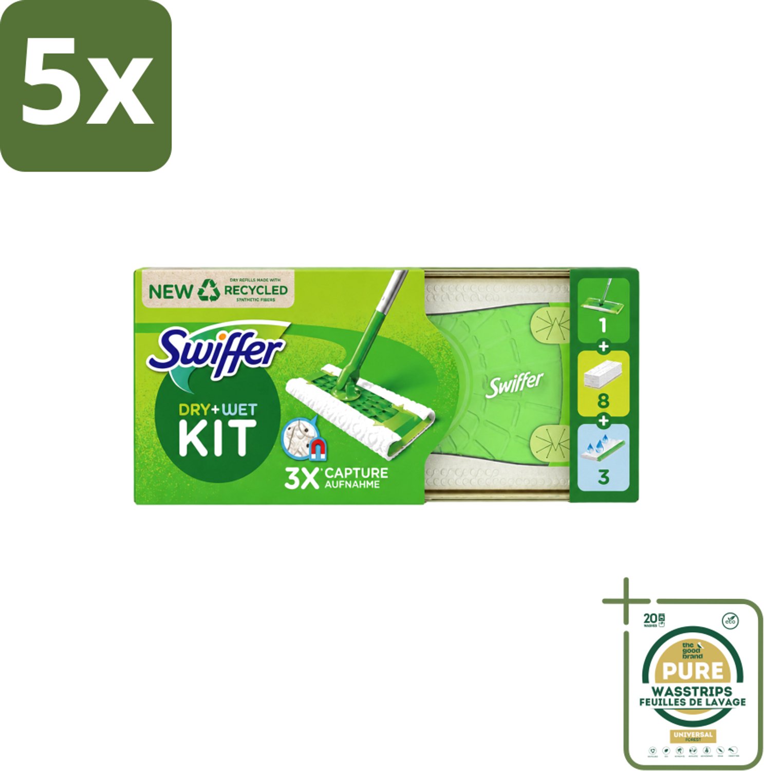 5 x Swiffer – Vloerreiniger – Starterkit – 1 dweil + 8 droge & 3 vochtige doekjes - Wasstrips - Vloerreiniger - Schoonmaken - Stofzuiger - Droge Doek - Vochtige Doek