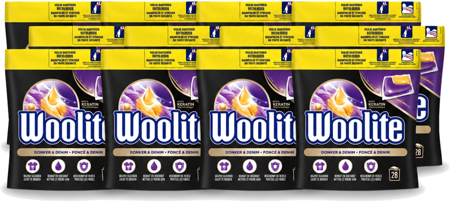 12 x Woolite Dark - Wasmiddelcapsules - Met Keratine - Donkere & Denim Was - 28 Wasbeurten - Voordeelverpakking - 12 stuks