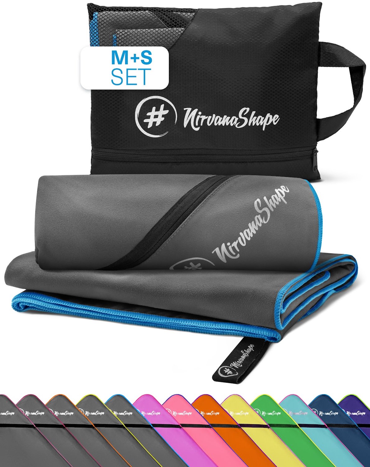 NirvanaShape - microvezel handdoek - strandlaken en badlaken - sneldrogend en absorberend - sporthanddoek met slimme hoekzak - set van 2: 120 x 60 cm + 60 x 40 cm - Grijs / Blauwe Rand