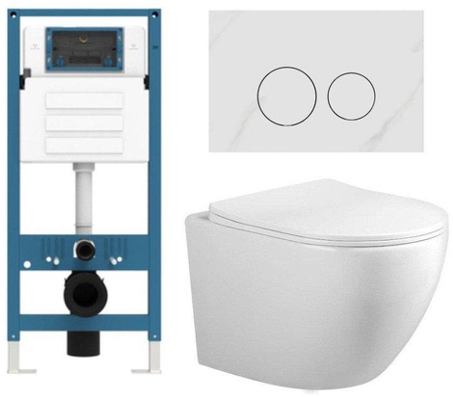 FugaFlow Eccelente Press Toiletset - 48.5x36x32cm - diepspoel - spoelrandloos - inbouwreservoir - softclose - quickrelease - toiletzitting - wit marmeren natuurstenen bedieningsplaat - ronde knoppen - wit