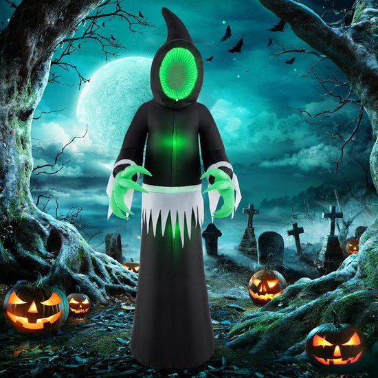 Opblaasbare spookachtige geest met groen verlicht gezicht, geschikt als decoratie voor buiten.