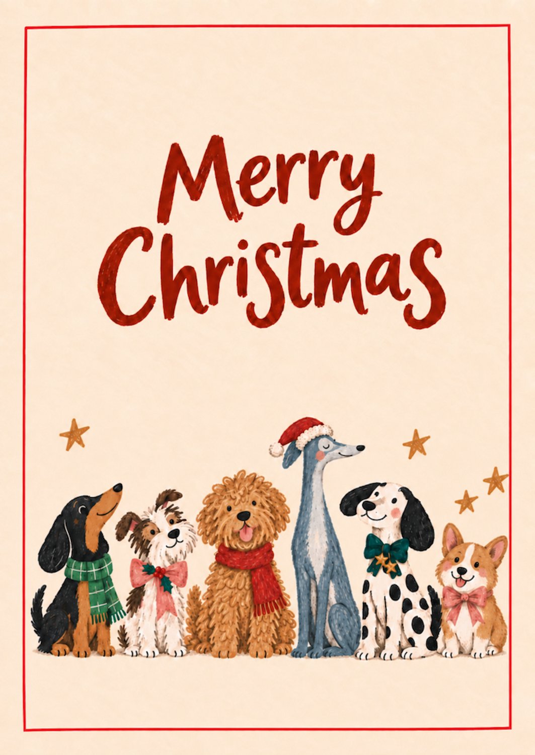 Kerstkaart Merry Christmas met hondjes – A6 kerstkaart voor hondenliefhebbers