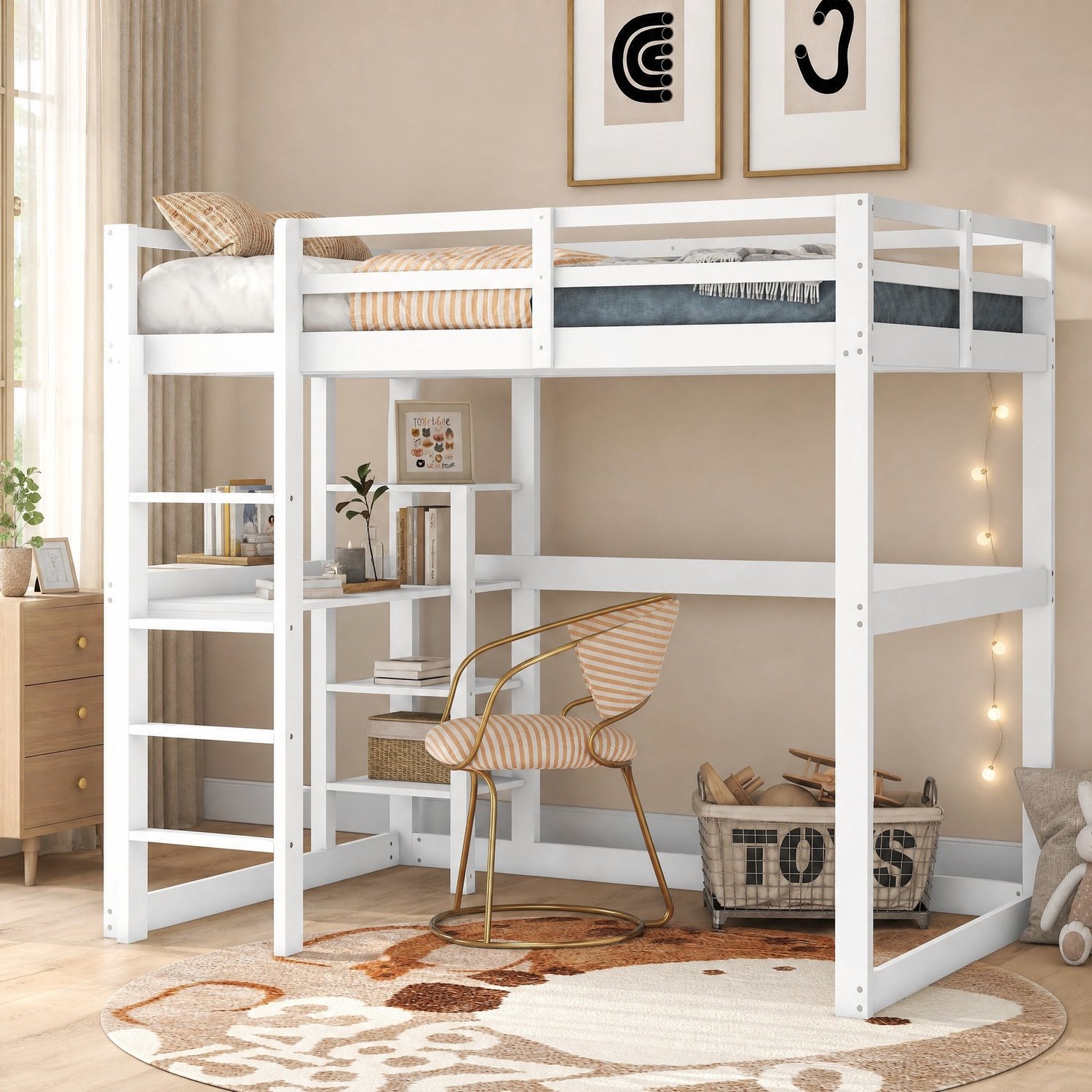 WUVRIE Hoogslaper 140x200 cm - Met bureau, 4 opbergvakken en ladder - Antiekwit