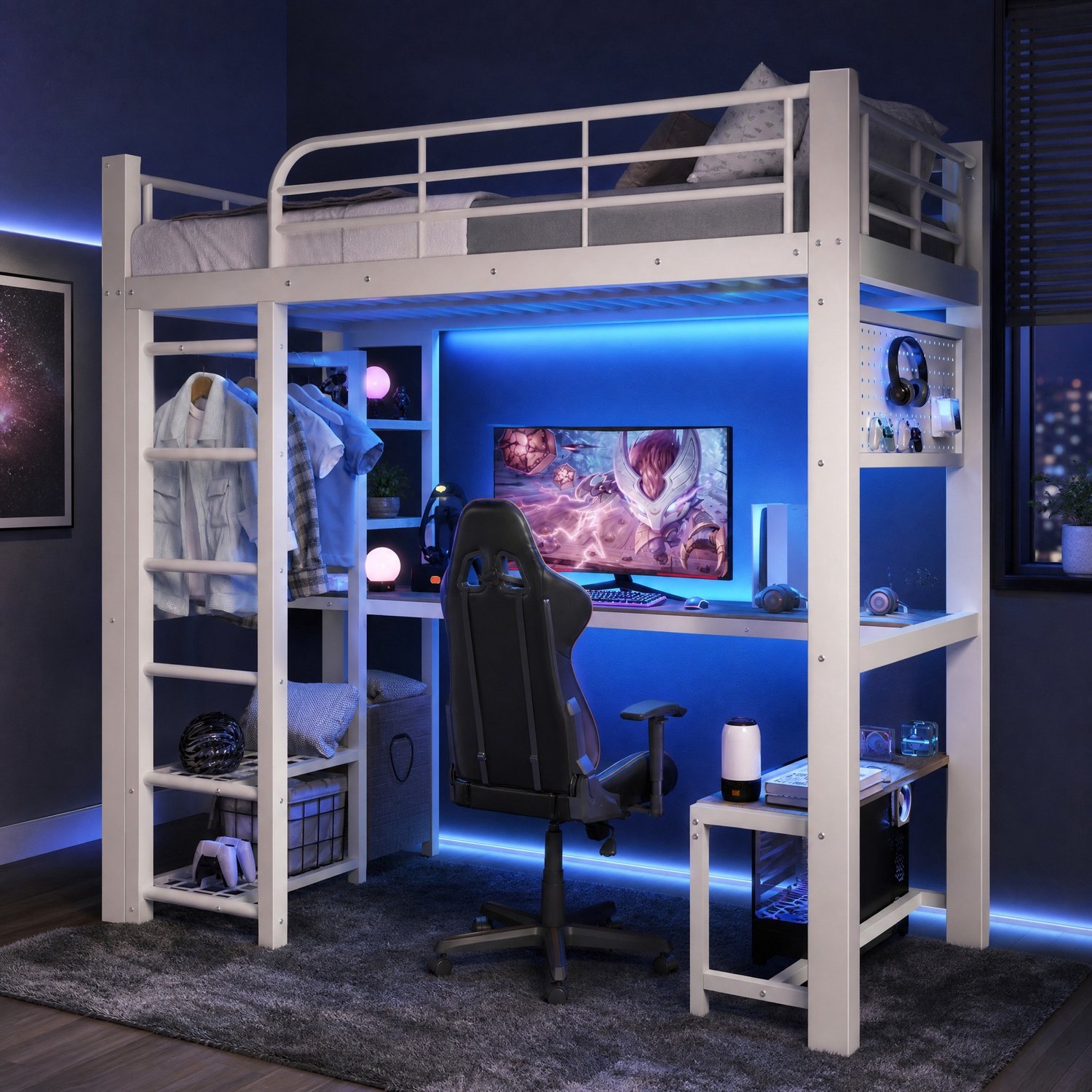 WUVRIE Hoogslaper 90x200 cm - Met bureau, opbergruimte en LED-verlichting - Wit