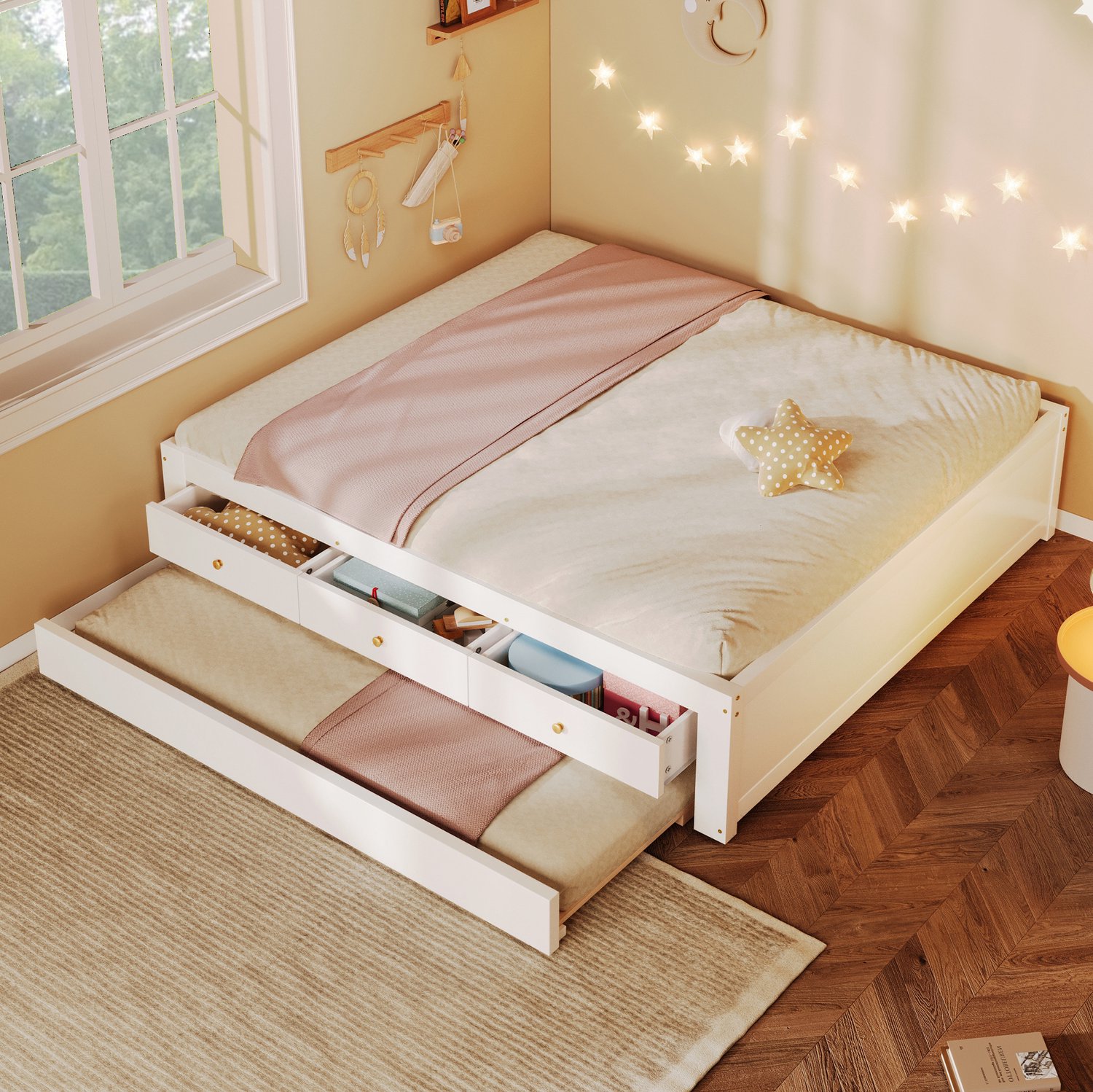 OKWISH Houten Bed 140 x 200 cm - Uitschuifbaar Gastenbed - 3 Opbergladen - Voor Slaapkamer en Logeerkamer - MDF en Grenenhout - Zonder Matras - Wit