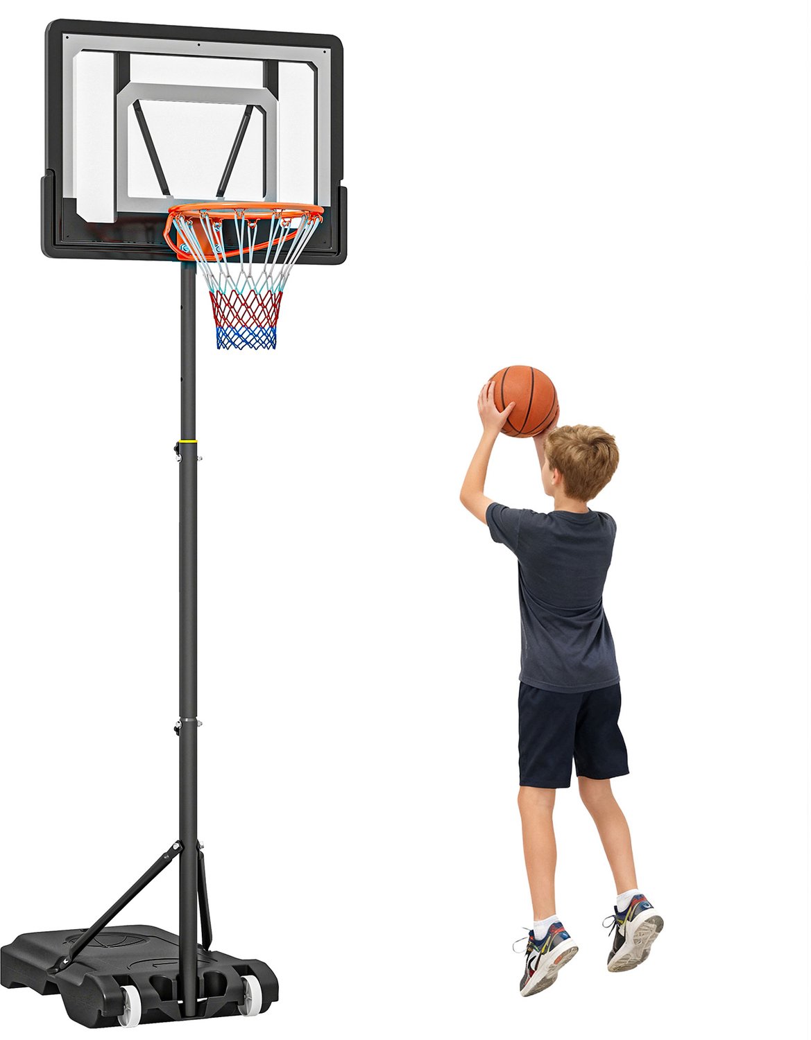 HOMCOM Basketbalstandaard verstelbaar met wielen - Basketbalpaal, basketbalring voor kinderen - Zwart