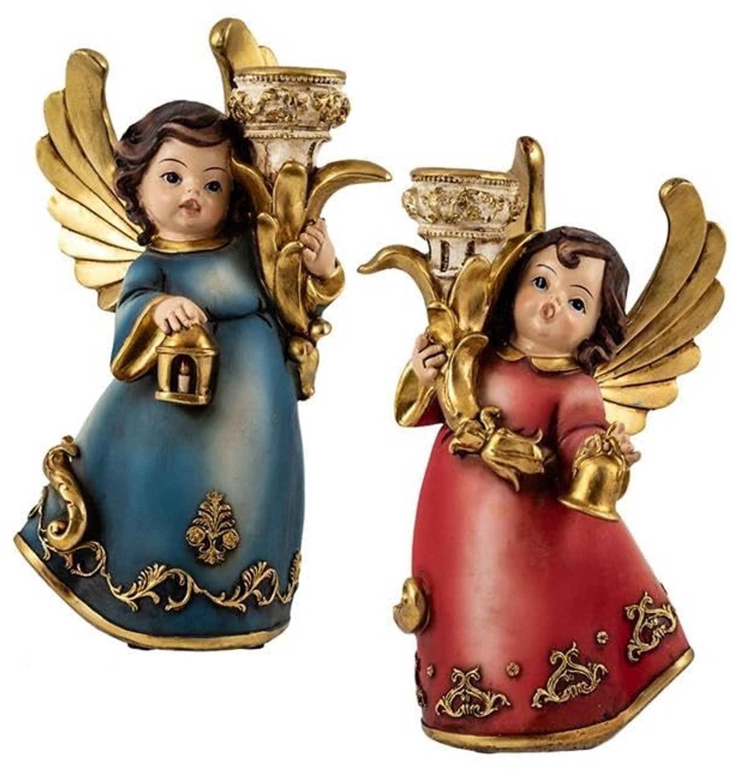 Set van 2 Kleine Handgeschilderde Resin Engelen 19 cm, Rood en Blauw