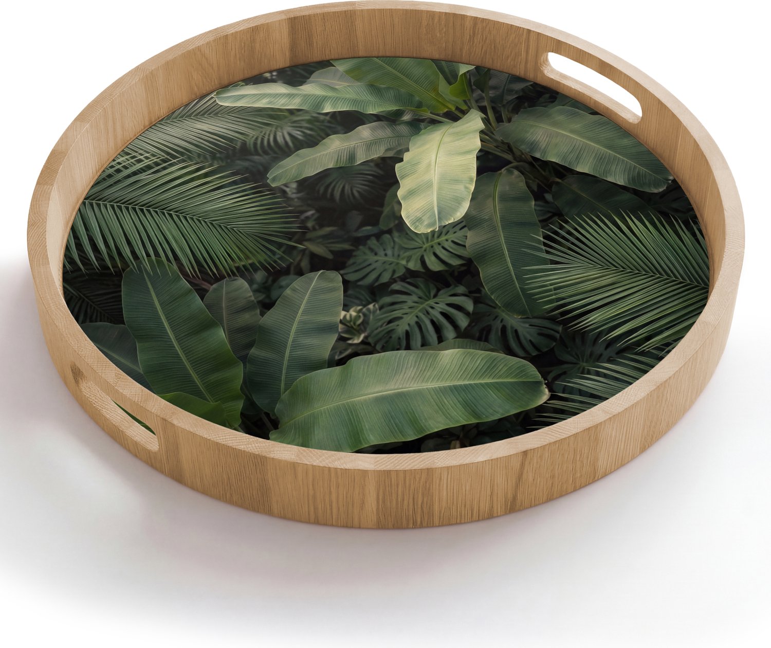Dienblad rond 50x50 cm - Schootdienblad hout - Bladeren - Groen - Tropisch - Natuur - Borrelplank rechthoek - Plateau houten dienbladen