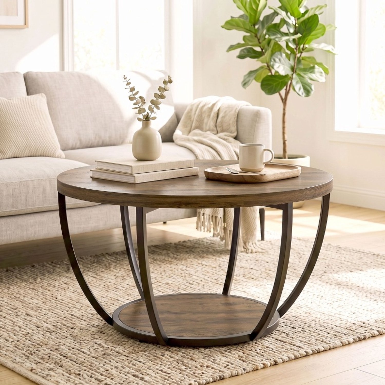 CHICFURN Salontafel 80 cm - 2 niveaus - Rond - Bruin en zwart Bruin/zwart