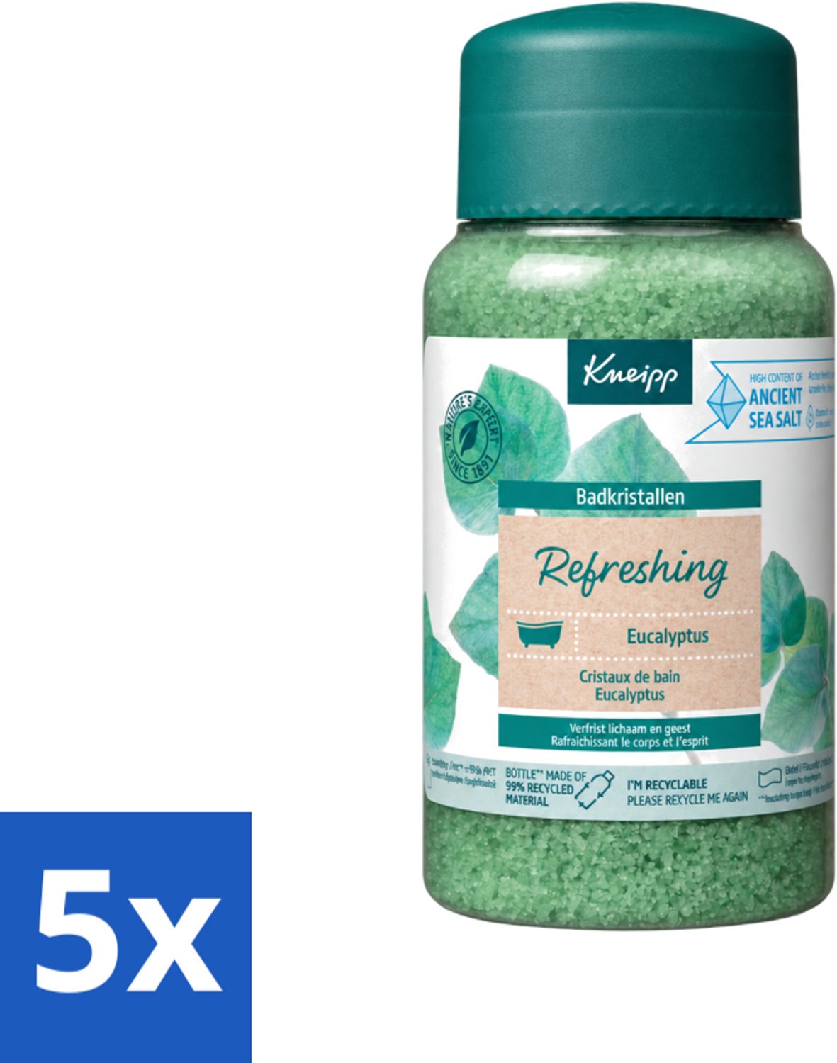 5 x Kneipp - Badzout - Badkristallen - Refreshing Eucalyptus - 600 g - Voordeelverpakking - 5 stuks