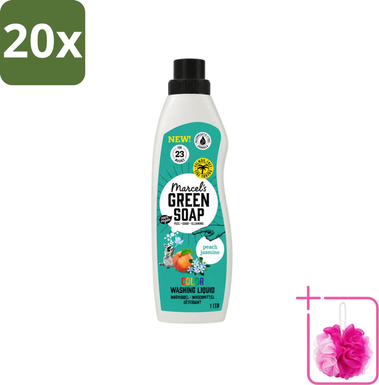 20 x Marcel's Green Soap - Vloeibaar Wasmiddel - Kleur - Perzik & Jasmijn - Effectief & natuurlijk - 23 Wasbeurten - 1 liter - Bulkverpakking - Wasmiddel - Douchemop - Natuurlijk wasmiddel