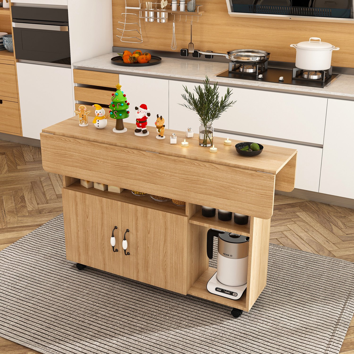 Clruro Eettafel - 110×70×80 cm - Inklapbaar - 5 Legplanken en Wielen - MDF - Licht Eikenkleur Licht eikenhout