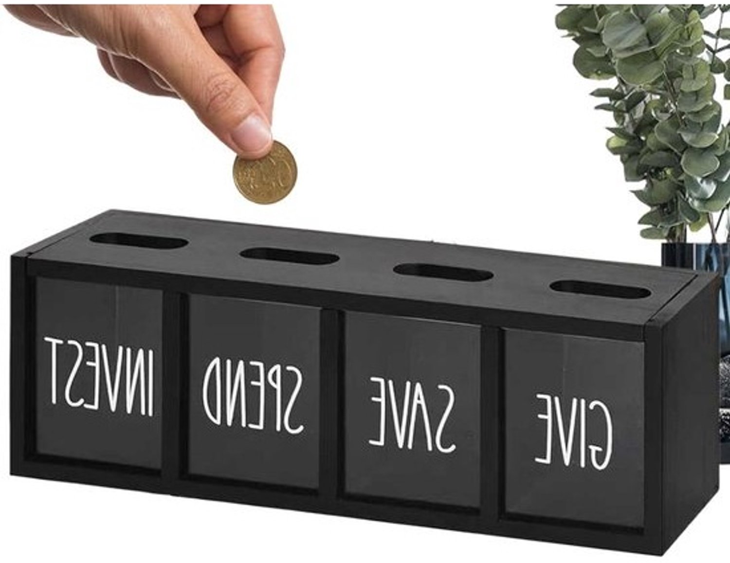 Geldspaarpot - Wandmontage box - Financiële educatie - Transparant 4 vakken - 35x12x10 cm - Zwart