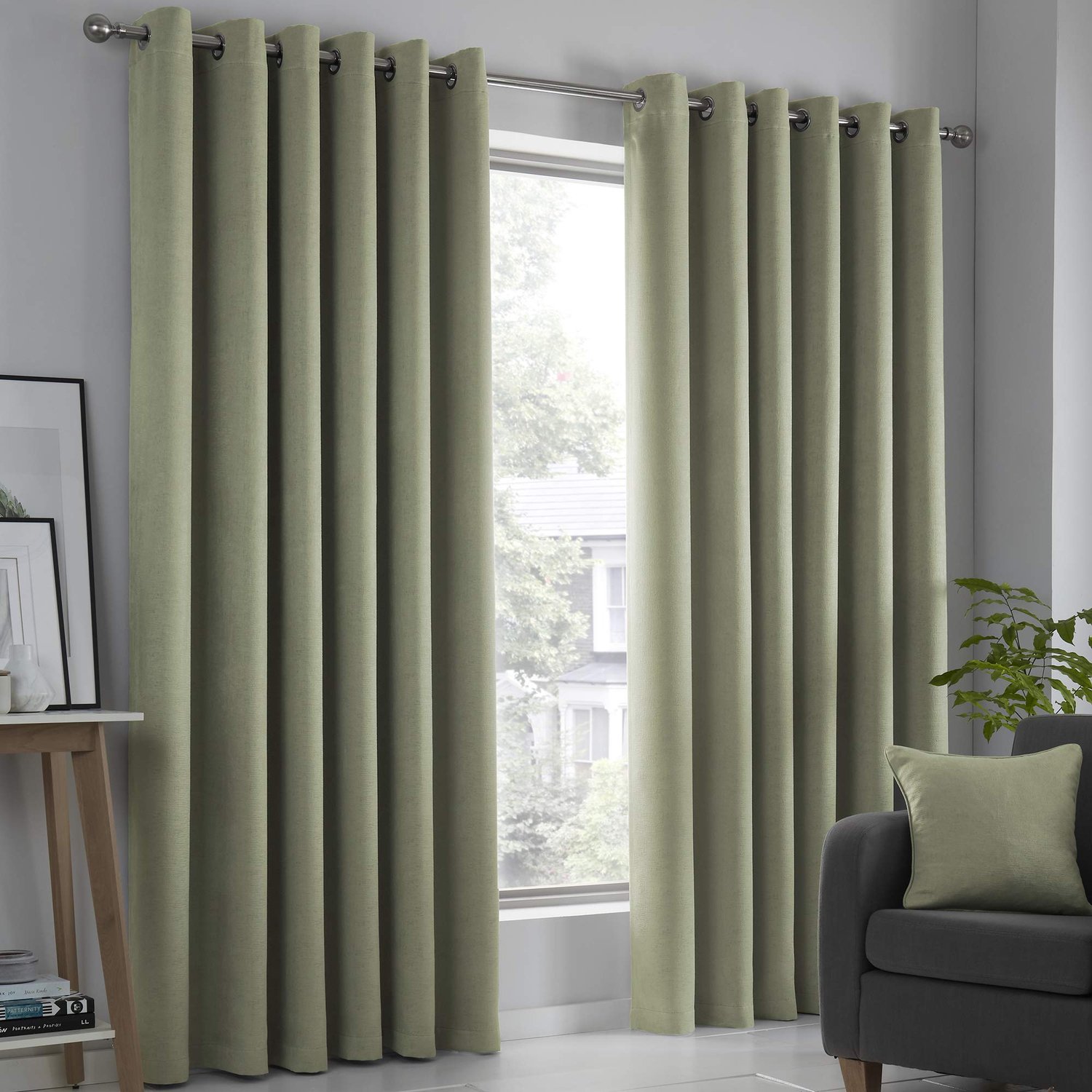 Fusion - Groene gordijnen 117 x 137 cm (b x l) - 2x panelen - Gordijnen met oogjes in saliegroen - ShopVlot