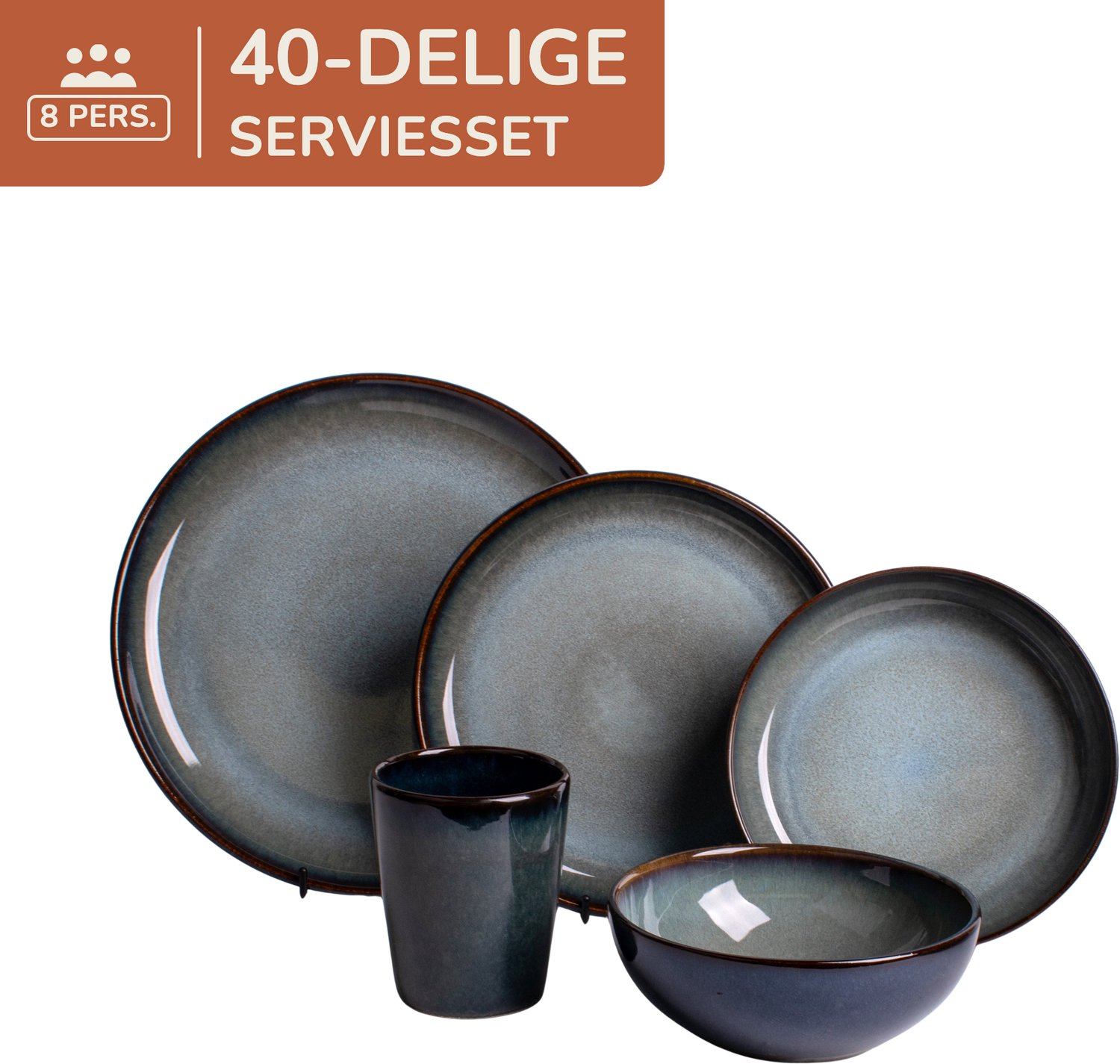 40 delige serviesset - 8 persoons - blauw met groen - Portugees stoneware - Porto - Kade 171 serviessets - hip en trendy